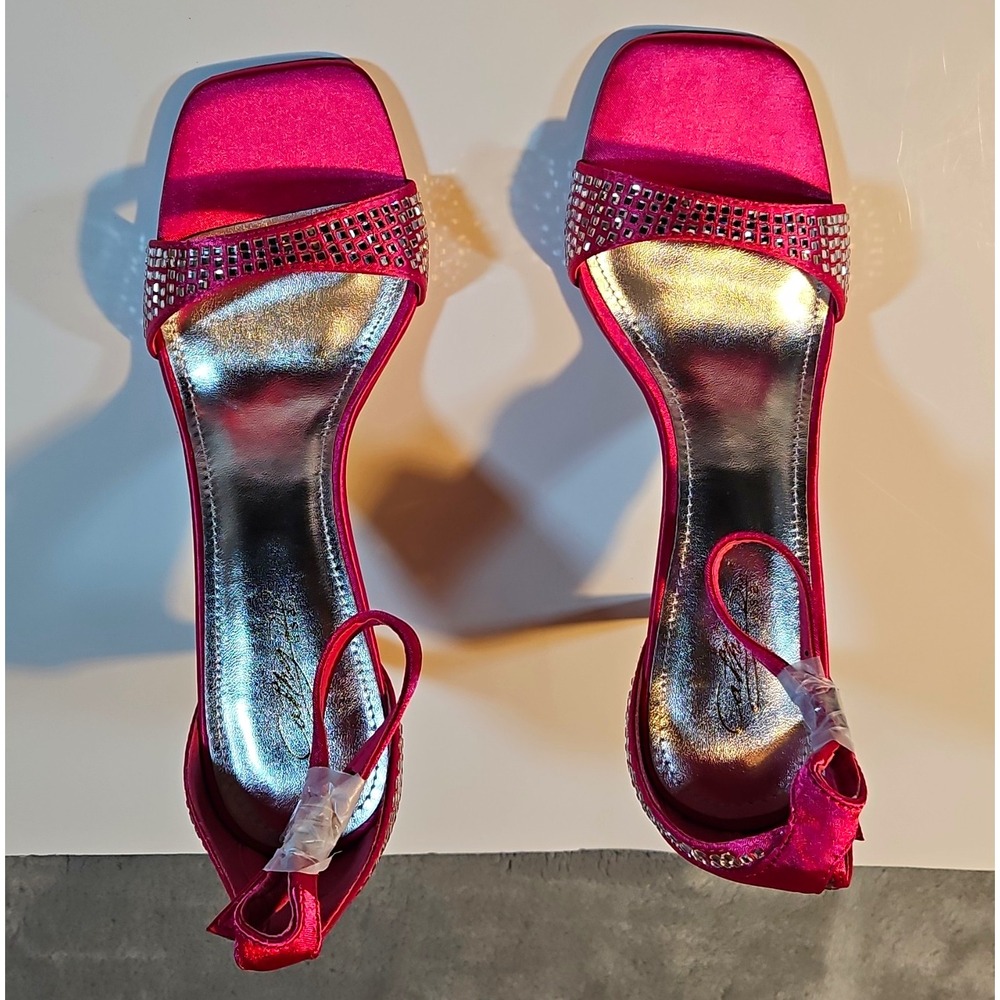Cathy Din Fuchsia Synthetic Strappy Square Toe Buckle Rhinestone Heel 8